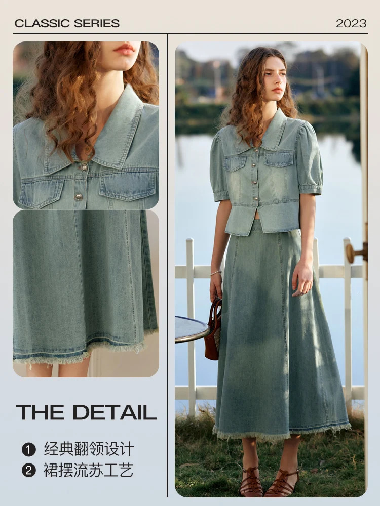 OLrain Retro Denim Technology Set Lyocell Short Sleeve Puff Top Washing Aline Technology 2025 SpringSummer Two Piece O24XE90921 250414Z