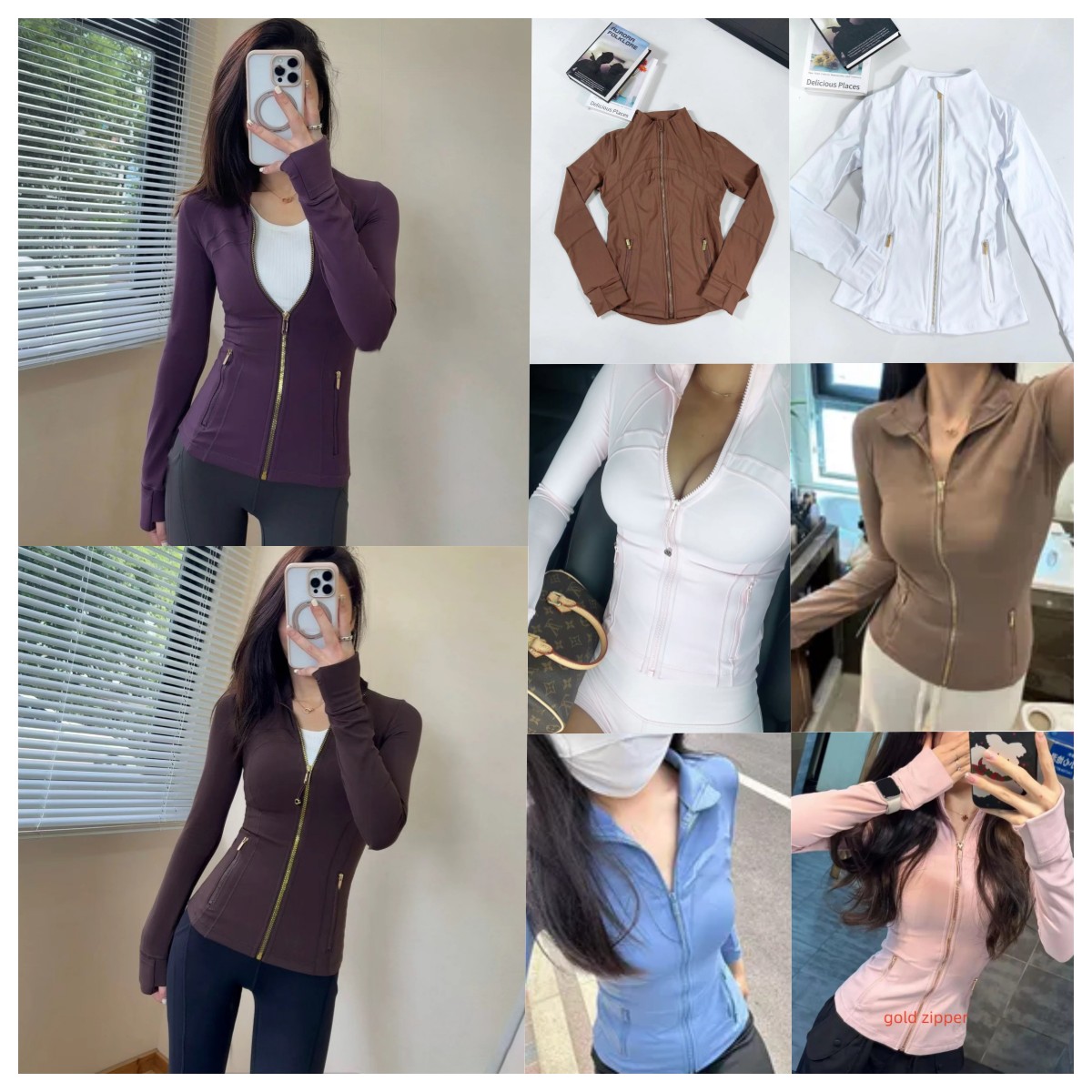 Women gold zipper sports jacket slim yoga jacket fitness long sleeved breathable running yoga sports high elasticity jacket sports shirt gold zipper nylon