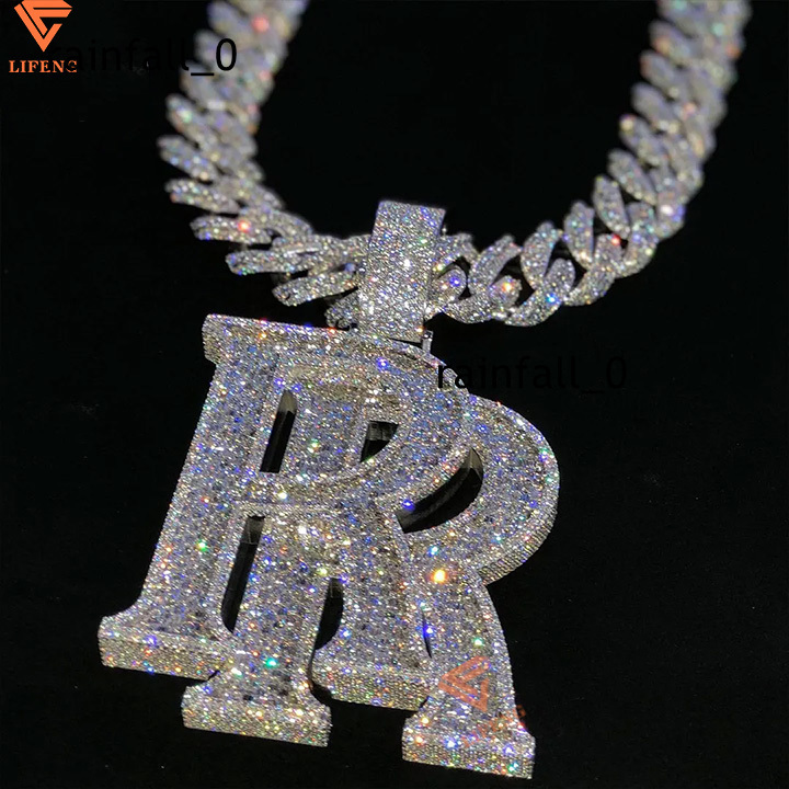 Hip Hop Double R Letter Baguette Diamond Vvs Moissanite 925 Silver Personalized Necklace Iced Out Custom Jewelry Chain Pendant