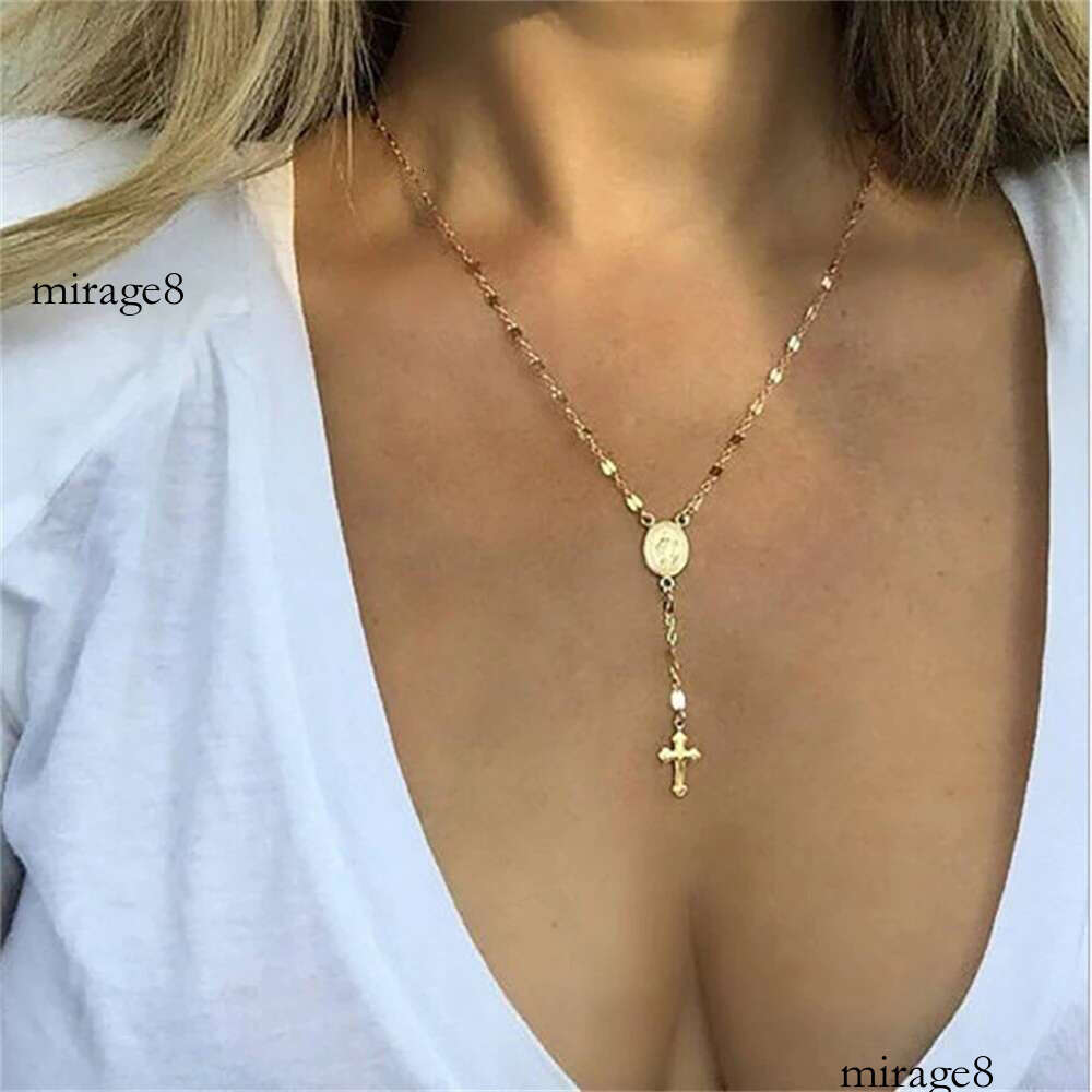 Virgin Mary Metal Necklaces with Cross Pendant Gold and Sier Color Prayer Collar Long Sweater Chain Necklace for Women Men