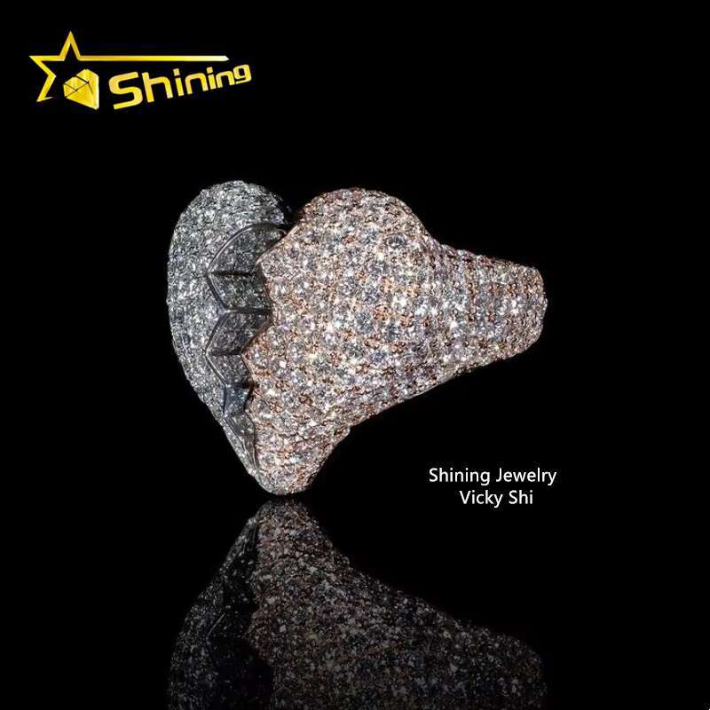 New Iced Out Design Heart Ring Custom Rapper Jewelry Hip Hop Ring 925 Sterling Silver VVS Moissanite Broken Heart Ring