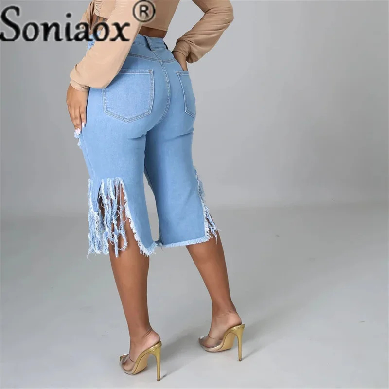 Summer Bermuda Shorts Women Ripped Cotton Knee Length High Waist Casual Denim Shorts Ladies Blue Sexy Straight Jean Shorts 250415