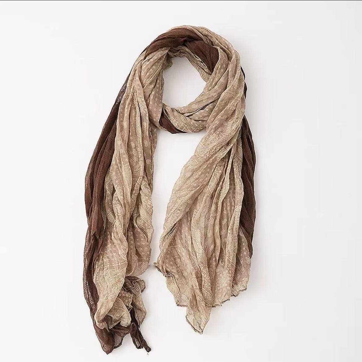 T1000 scarf for women, all-match, pleated, solid color, cashew flower stitching, spring and autumn, forest girl, leisure, neck protection