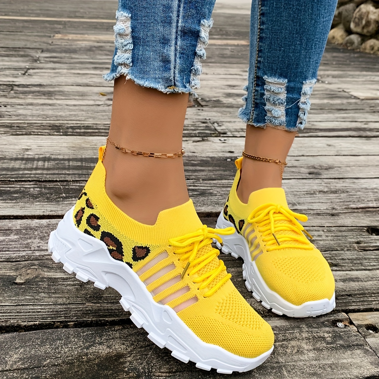 Women's Casual Athletic Sneakers Breathable Mesh Leopard Print, Lightweight Lace Up Running Shoes