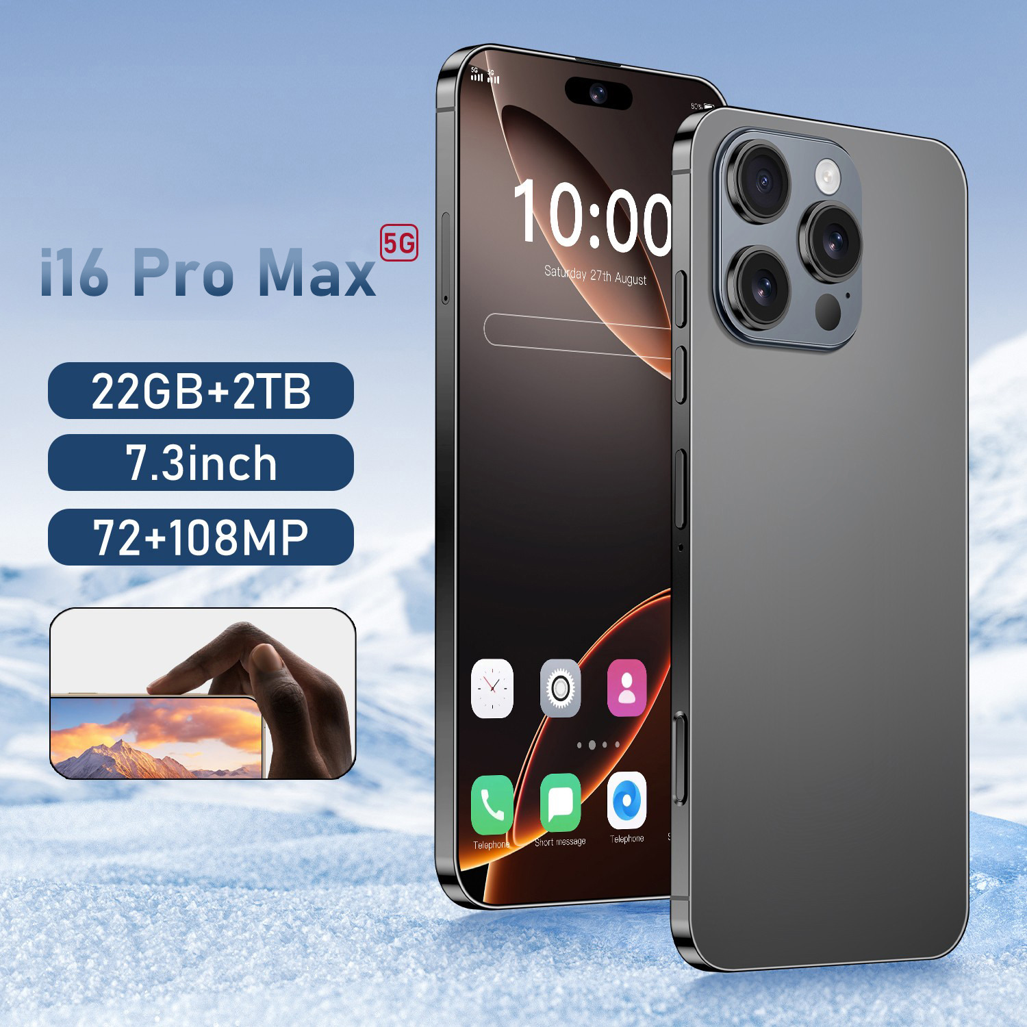 Smart phone I16 Pro Max Mobile Phones 7.3-inch HD 16GB+1T 8000mAh Celulares Global Cell Phones 10 Core 5G WiFi Dual SIM Aandroid14