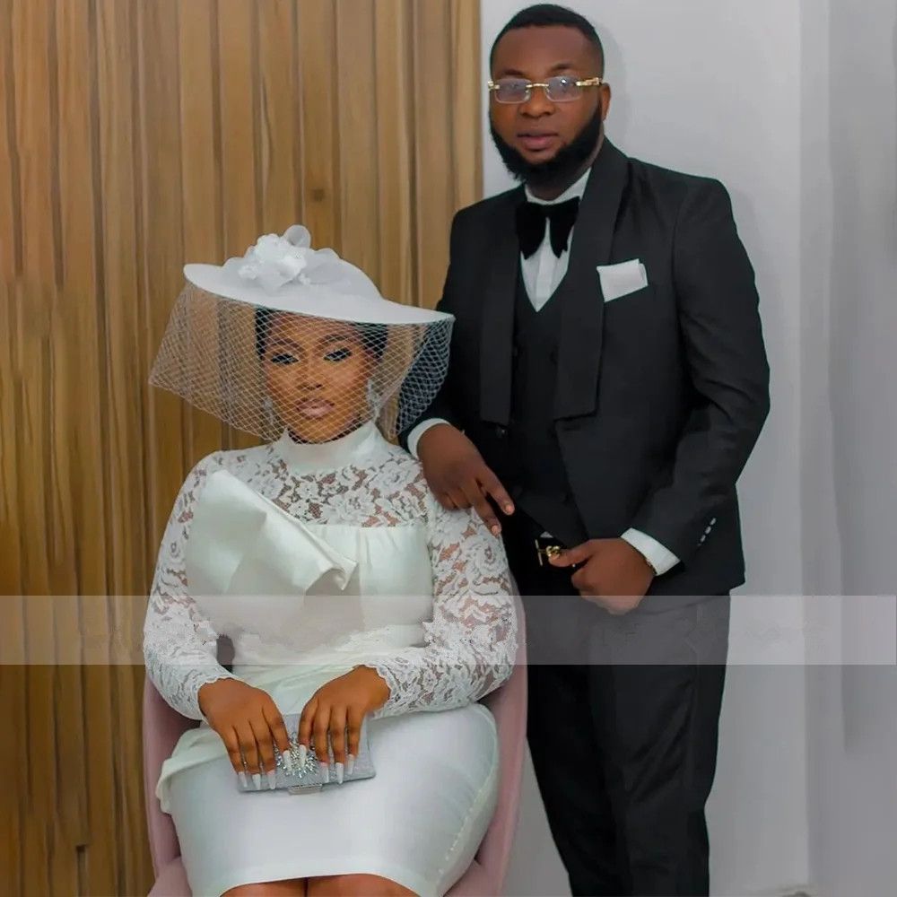 Wedding Dresses For Women Bride Lace Long Sleeves Short Gowns High Collar Knee Length Sheath Bridal Dress N15 B0312