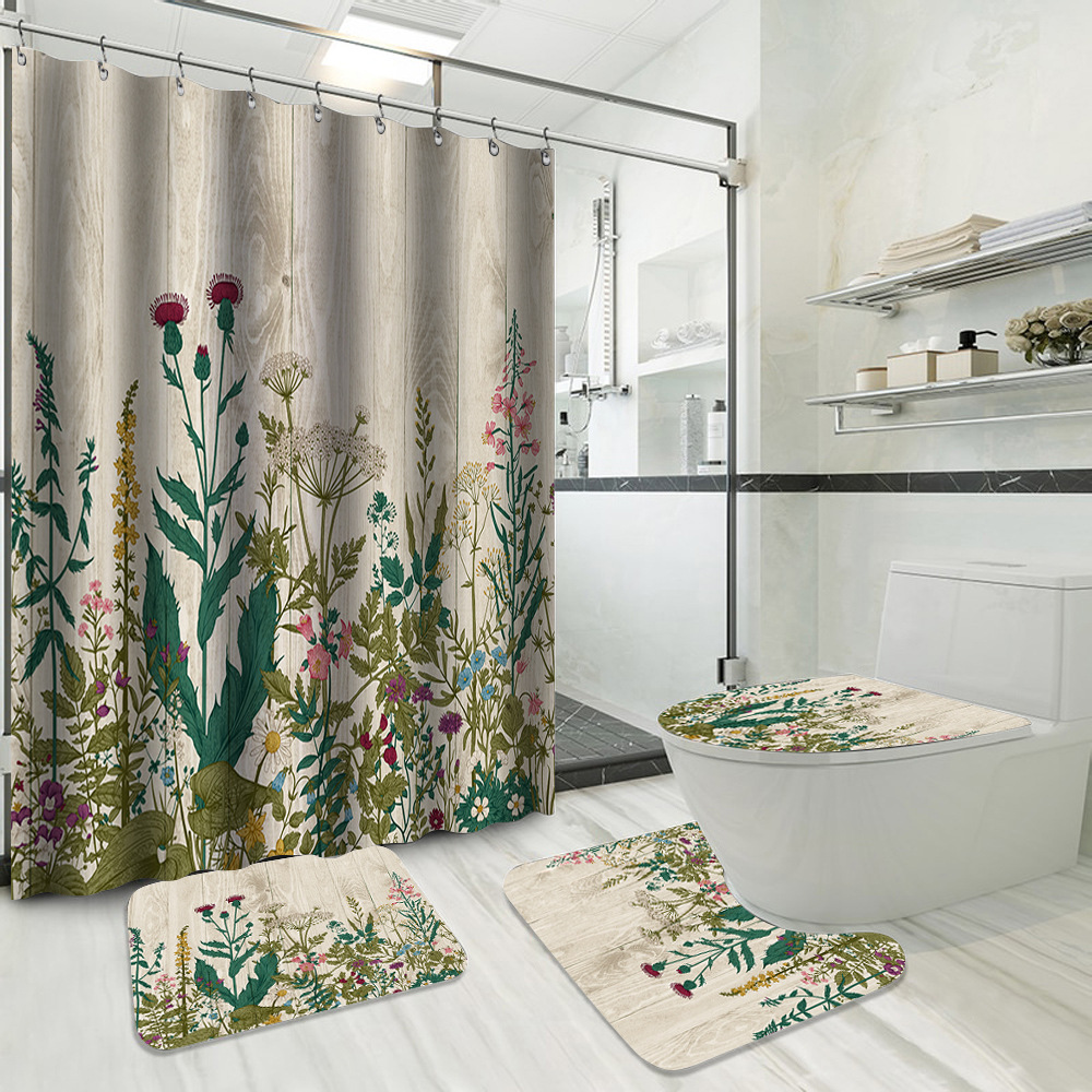 YL-37717 Hot Selling Shower Curtain 4-Piece Set, Green Plant Series, Waterproof and Mildew-Proof Shower Curtain, No Drilling Required