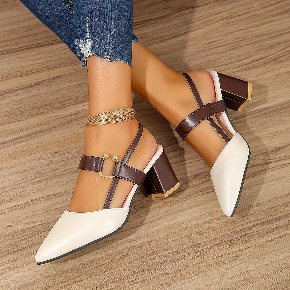 Womens Pointed Toe Block High Heel Sandals Fashion Solid Color Strap Shoes Versatile Mid Heels W250416