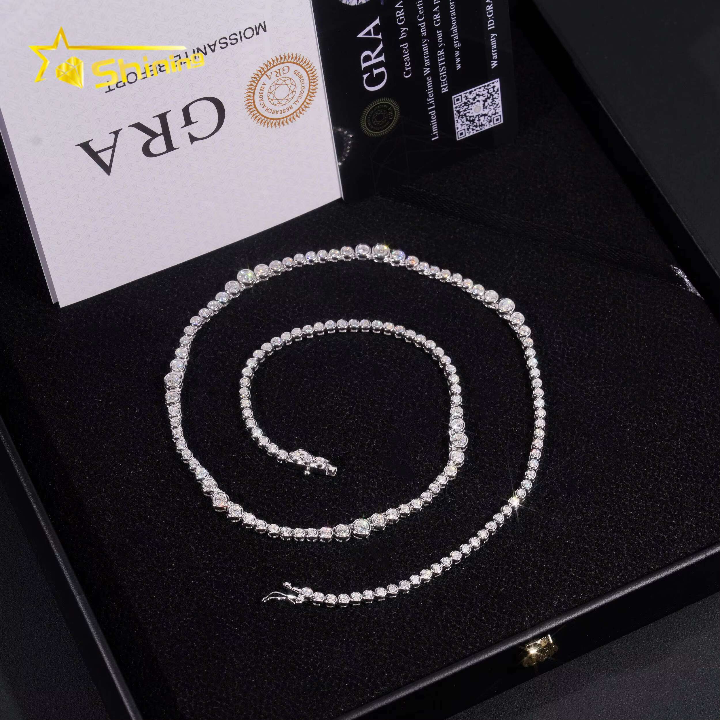 New Fancy Design Bezel Moissanite Choker Necklaces 925 Sterling Silver 2MM Hip Hop Moissanite Tennis Chain for Men Women