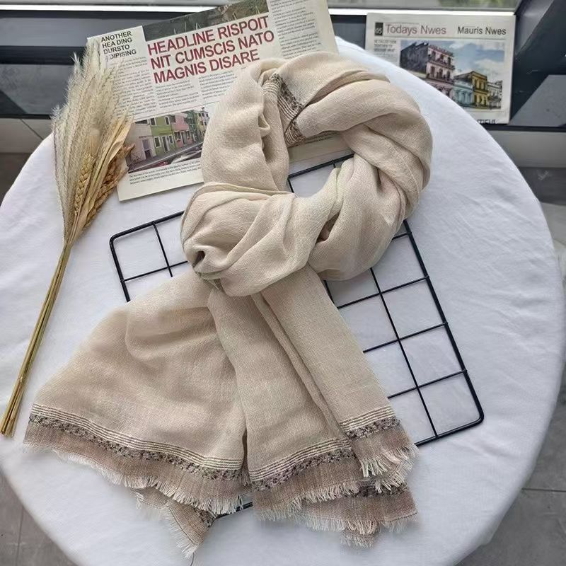 T480 new women's scarf spring and autumn thin retro solid color rectangular shawl literary retro versatile cotton and linen scarf