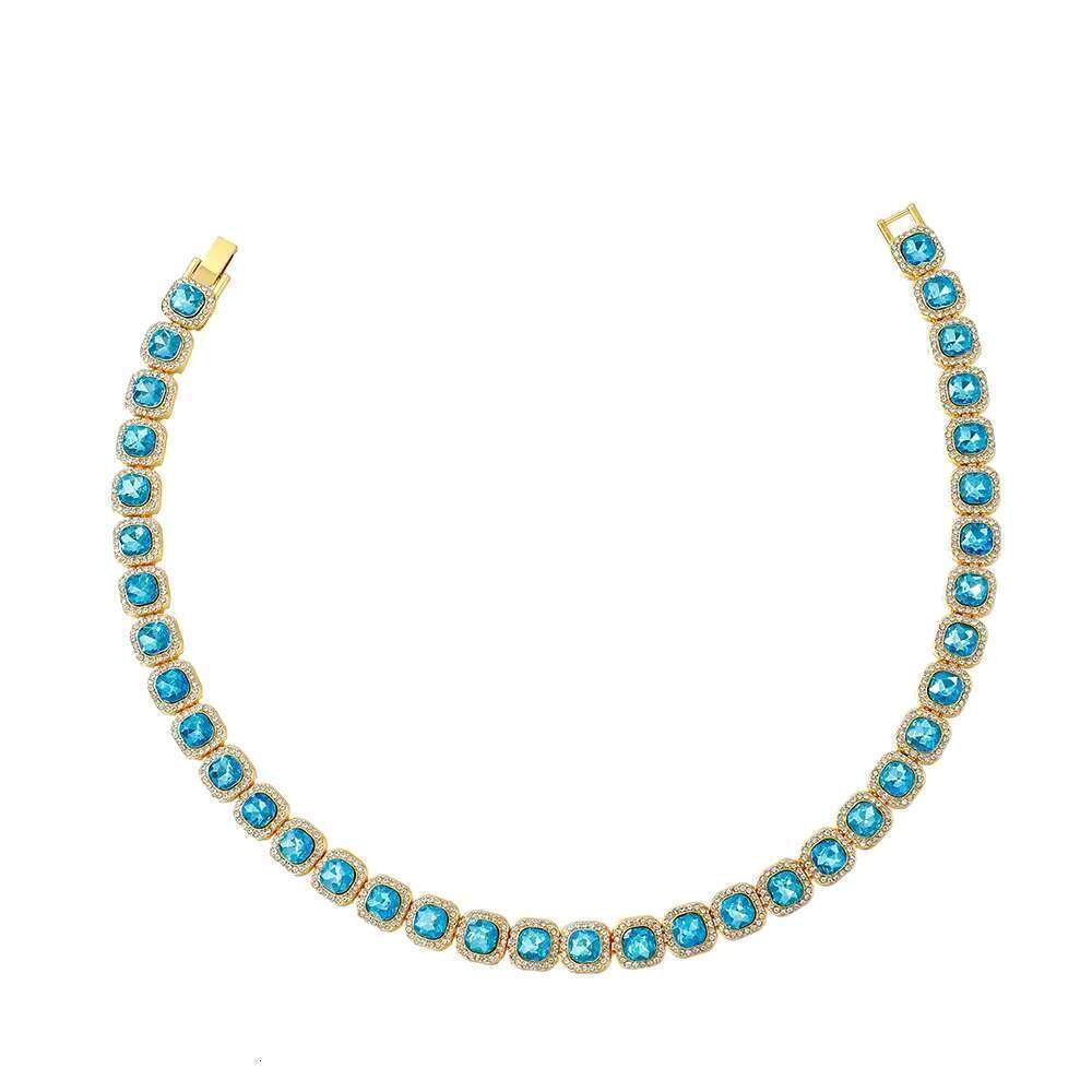 DHCollections Iced Out Cuban Link Chain Necklace 12mm Wide Blue Gem Tennis Style Hip Hop Accessory Gold Silver Color for Men Women 18-24 Inch 1 Piece