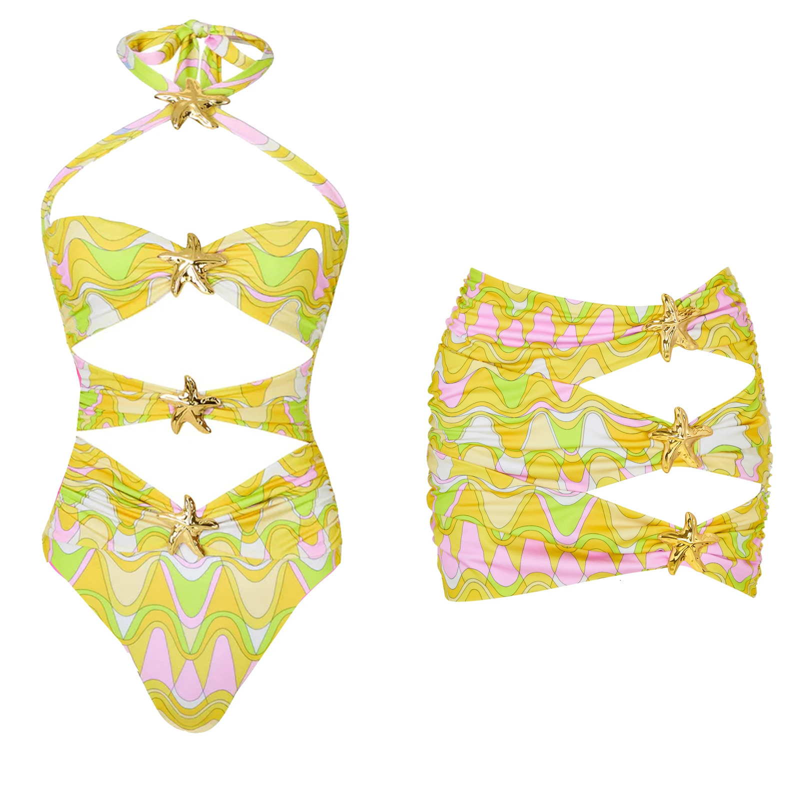 2025 Cutout One Piece Swimsuit and Skirt Swimwear Women Bodysuit Monokini High Leg Swim Suit Bathing Suit Beachwear 250411