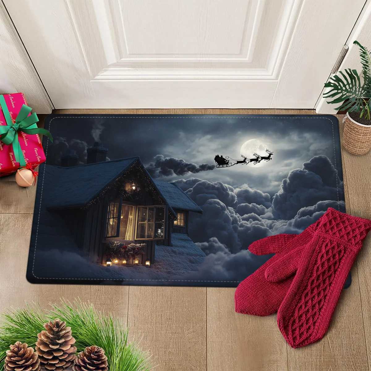 Snowy Night Christmas Door Mat Carpet Santa Sleigh Snowman Design Plush Thick Polyester Non-Slip Front Door Living Room DecorM251117