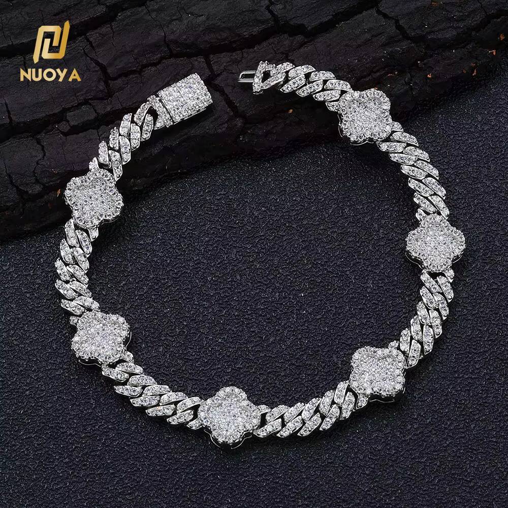 Moissanite Women Luxury 6MM Cuban Link Chain Bracelet with Four Leaf Clover White Gold Plated Diamond Prong Cuban Link Chain Jewelry