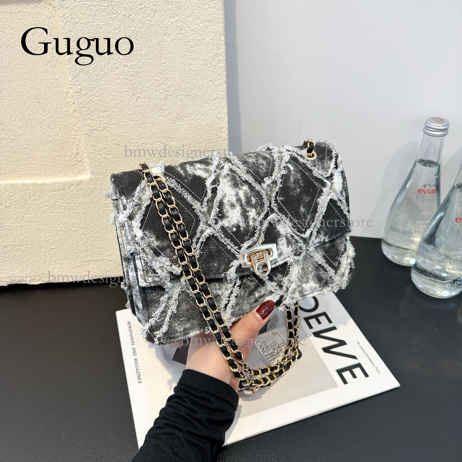 Guguo Designer Likes Wide Tie Dye Women's Denim Single Shoulder Bag, Stylish And Versatile, Large Capacity Luxury Commuter Crossbody Bag, Metal B