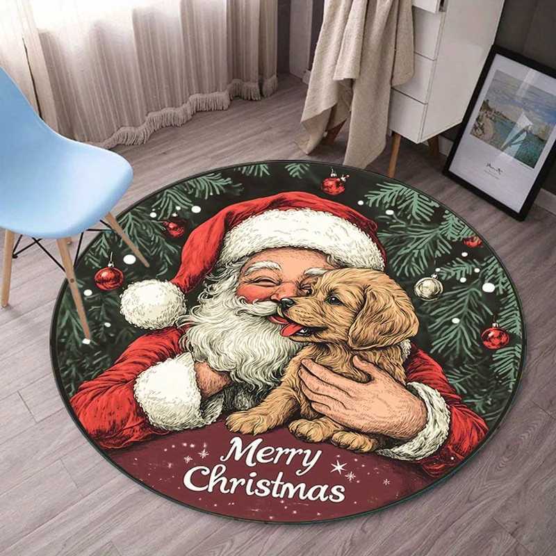 Santa Claus Hugging Dog Christmas Round Rug Crystal Velvet Floor Mat Holiday Decoration Xmas Gift Home Interior CarpetM251117
