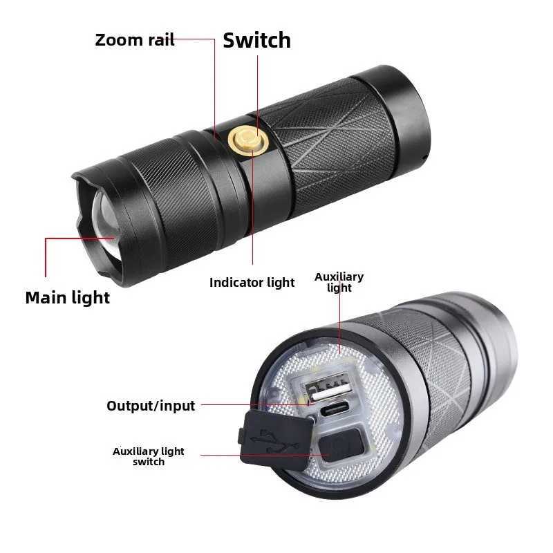 Aluminum Alloy Zoom Flashlight Ultra-Long Battery Life with LED on the Tail High Battery Life Portable Suitable for Outdoor M251117