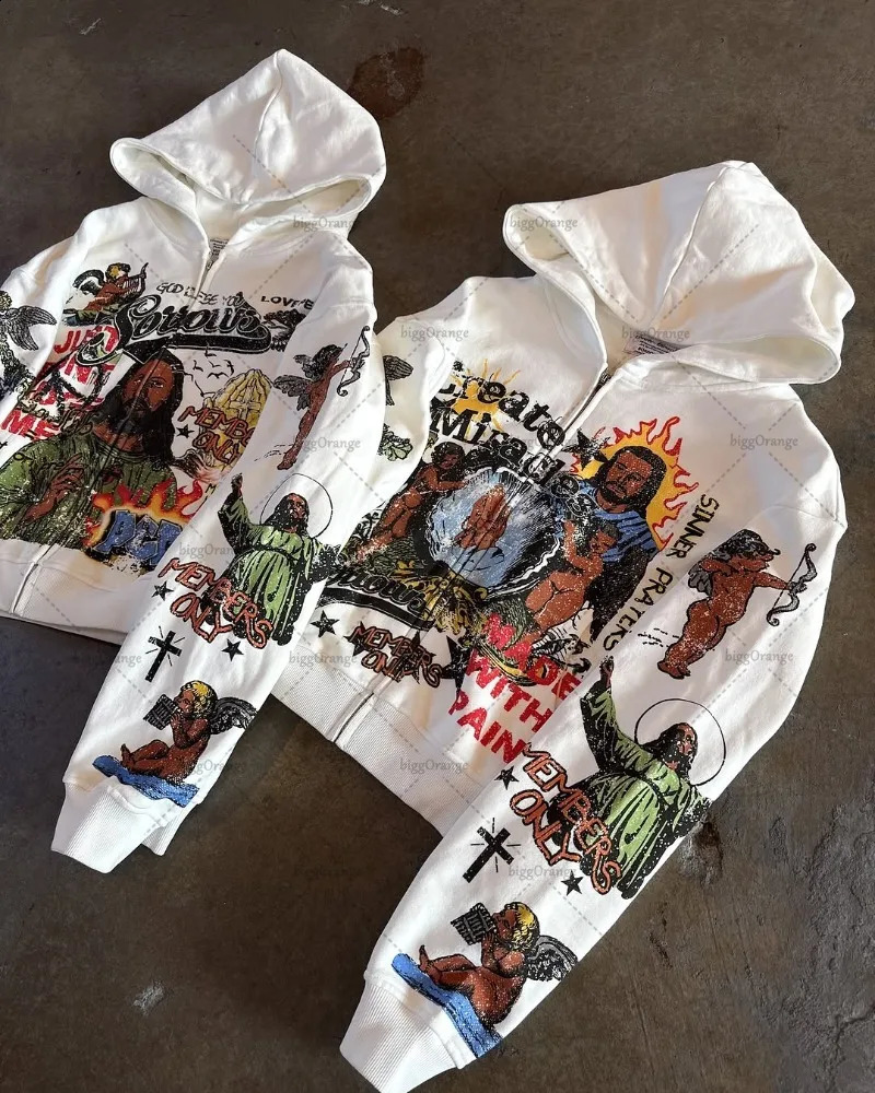 Hip-hop American Y2k Hoodie Godfather Print Fashionable Oversized Zipper Sweatshirt Women Casual Personality Retro Clothing Men 250415