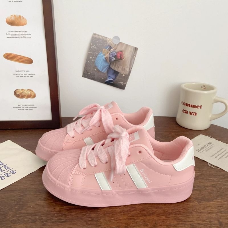 Thick casual board shoes female shell head spring new trend fashion low top sports casual shoes blue pink white yellow 35-40