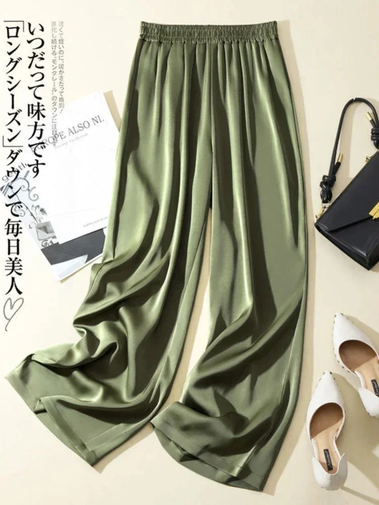 Ice Silk Wide-leg Pants Woman Summer Elastic Waist Satin Straight Trousers Solid Casual LOOSE Acetate Womens Pants 250415