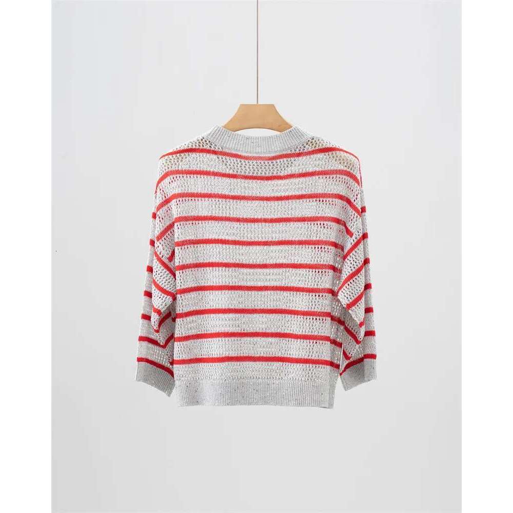 Naizaiga 100 EN O-Neck Long Sleeve Red Gray Striped Sequins Loose 2025 Spring Women Pullover Sweaters Ry15a