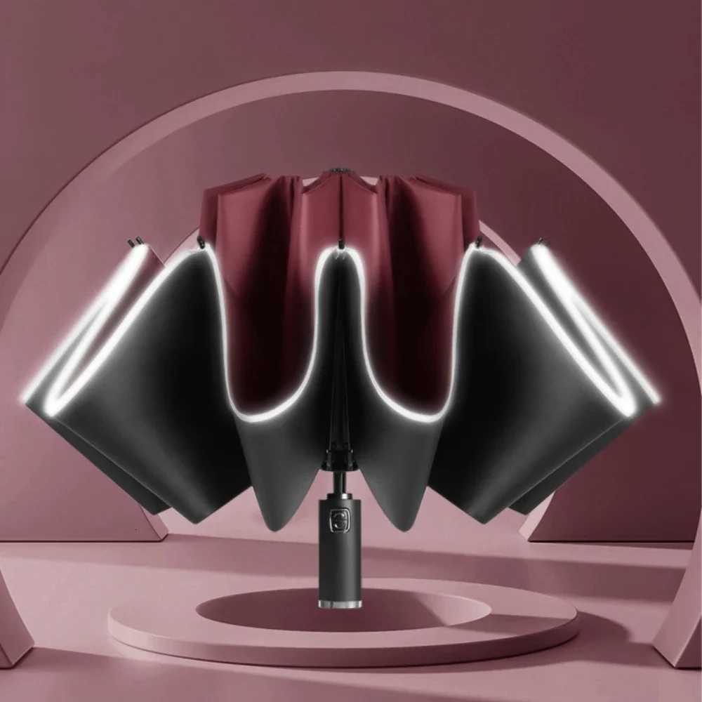 Folding Automatic Umbrella Business UV Protection Sunshade with Led Lighted Windproof Reflective Stripe Rain Umbrella Reverse C251117
