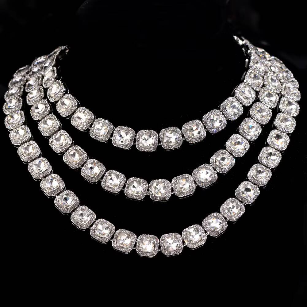 AAA GEMS Bling Pink Square Crystal Link Chain Necklace Hip Hop Gold Silver Color 13mm Luxury Cuban Choker Necklace Jewelry