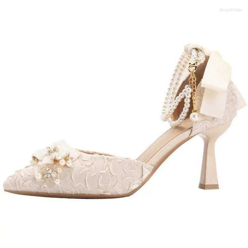 Dress Shoes Pearl Ankle Strap Bow Heels Designer Stiletto High Women Pumps Wedding Bride Ladies Party Prom