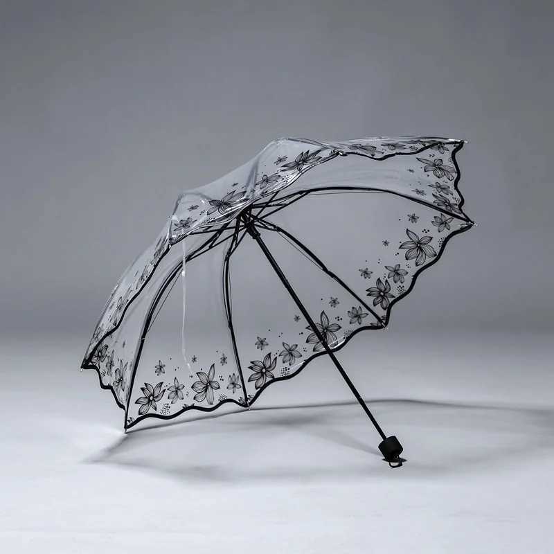 Transparent Thicken Three Fold Women Men Rain Umbrella Romantic PVC Clear Automatic Umbrellas Flower Printed Umbrella C251117