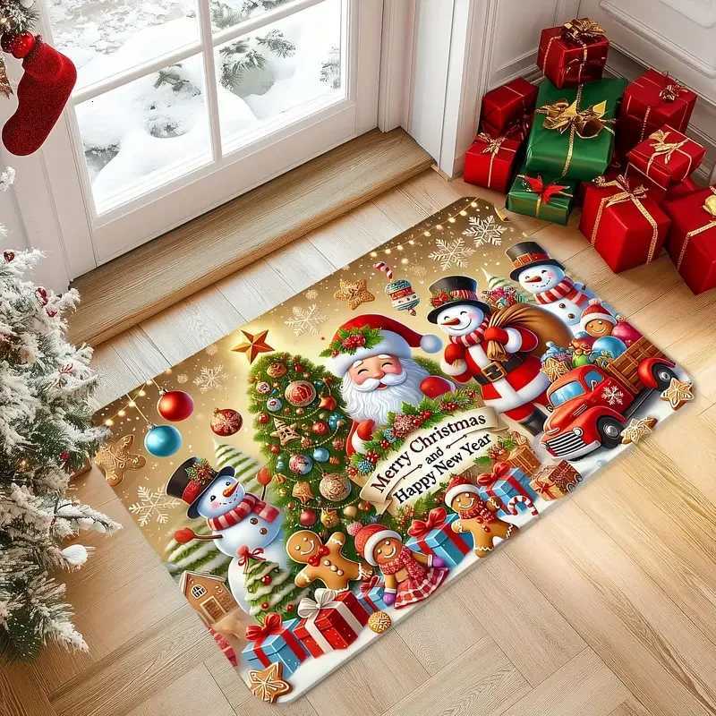 Santa Snowman And Reindeer Design Machine Washable Flannel Floor Mat For Living Room Hallway Bathroom Christmas Decor RugM251117