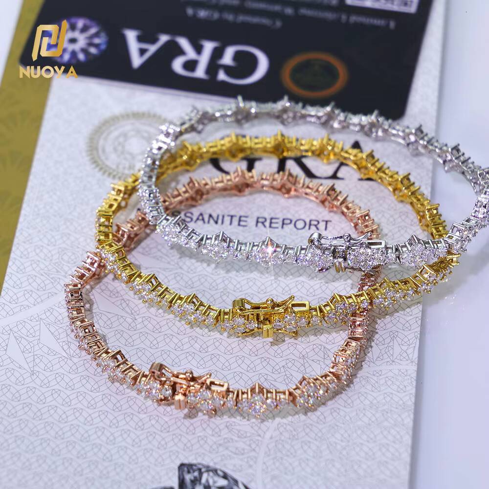 NUOYA Hiphop Jewelry Iced Out VVS Diamond Flower Shape Tennis Chain 925 Sterling Silver Moissanite Tennis Chain Womens Bracelet