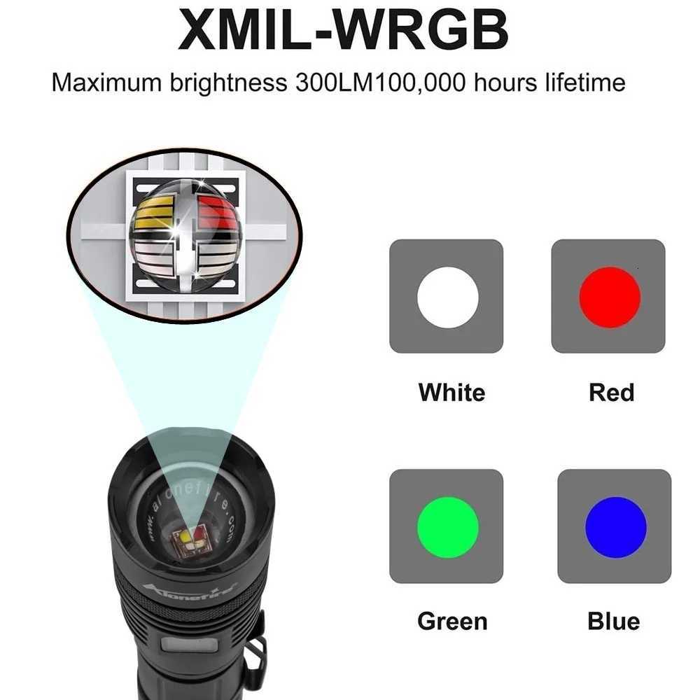 Zoom 4-Colour light White/Red/Green/Blue LED Flashlight USB Rechargeable Fishing Camping Hunting Photography Selfie Hiking Torch M251117