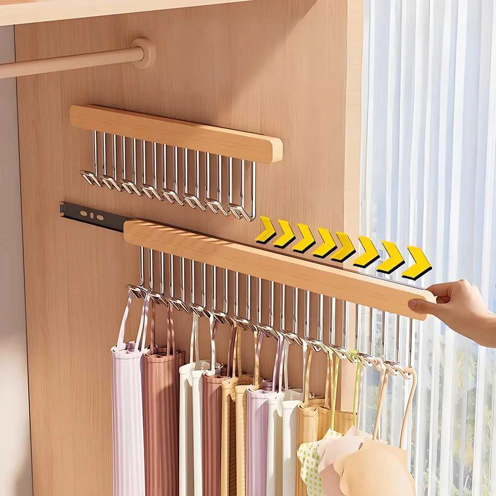 Non Perforated Solid Wood Clothes Hanger for Home Use Expandable Slide Rail Wardrobe Camisole Underwear Storage Tool Practical C251117
