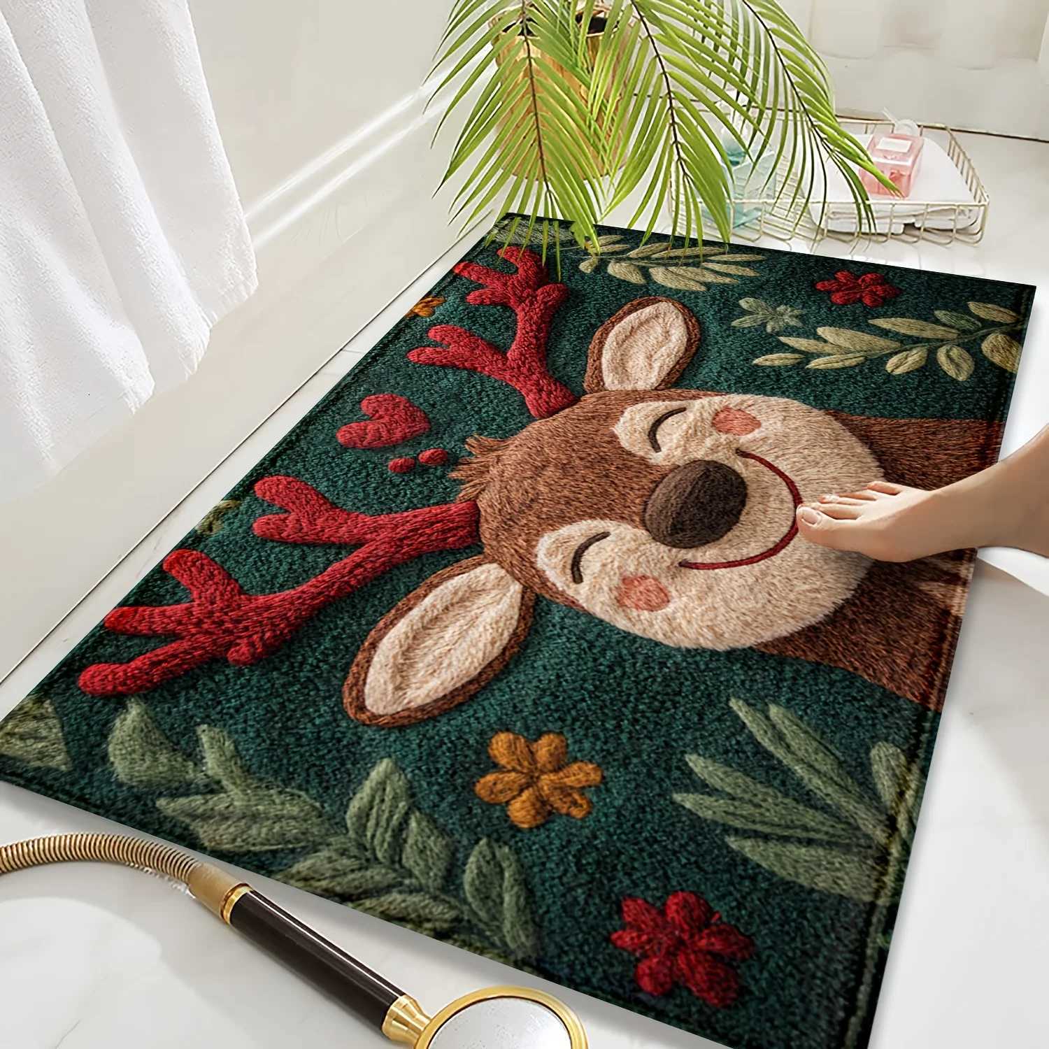 1PCS Fluffy Christmas Deer Microfiber Bath Mat - Quick-Dry Absorbent Festive Holiday Design with Red Berries Green LeavesM251117