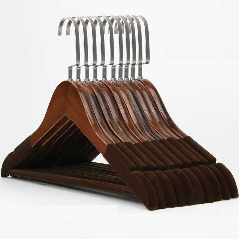 10Pcs/set Adult Extra-Wide Solid Wood and Metal Hook Wooden Hangers With Notches Non-slip Metal Hook for Clothes W2760 C251117