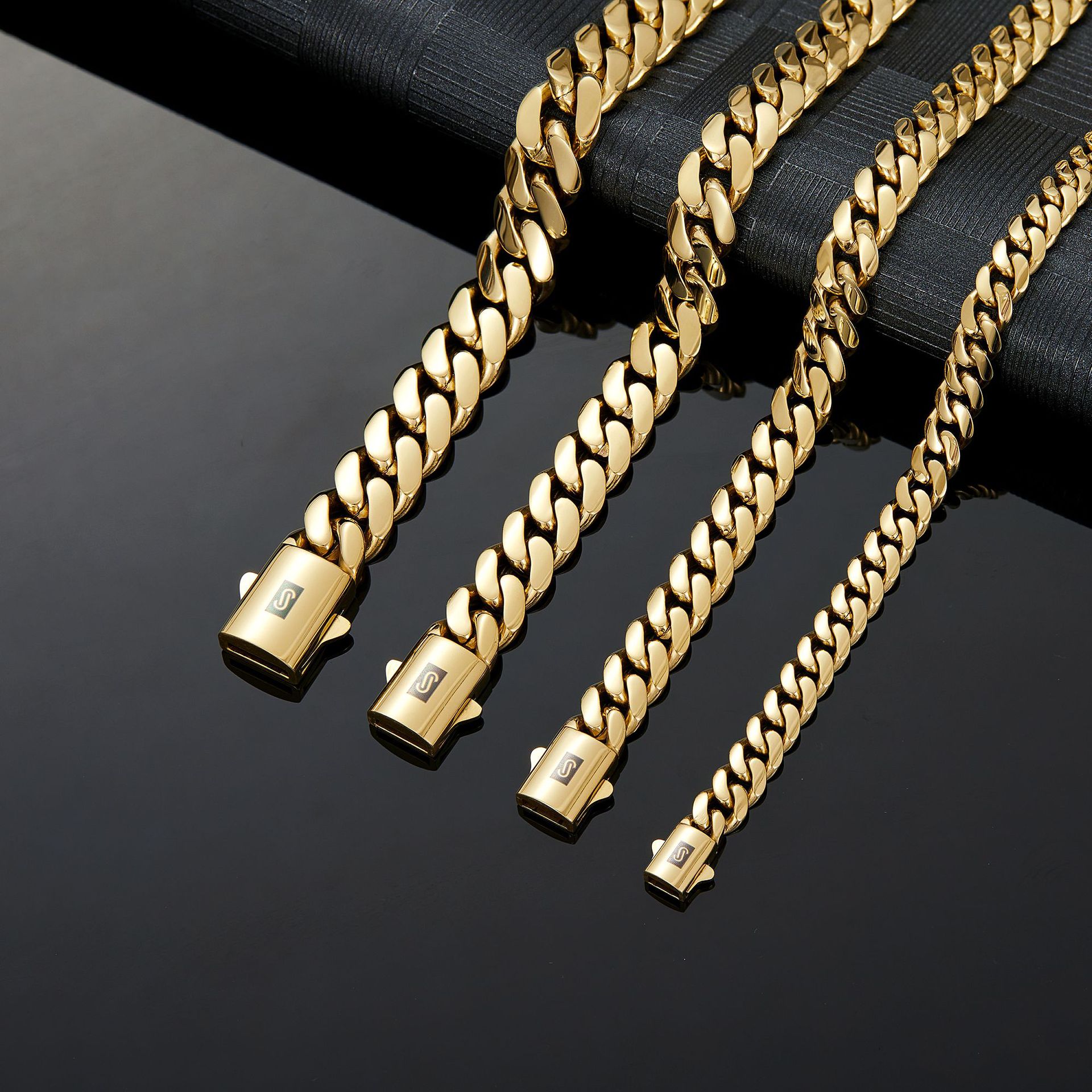 Hip Hop Solid Stainless Steel Cuban Chain Necklace 14K Gold Plated Spring Clasp Jewelry Accessories