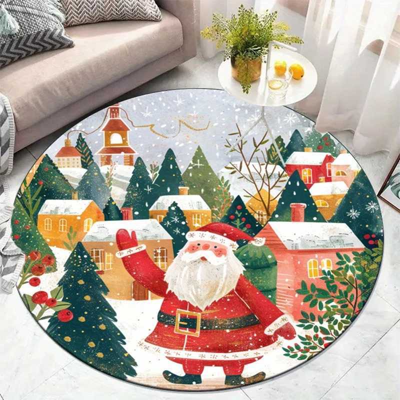 Santa Claus Snowy VillageChristmas Scene Round Rug Soft Crystal Velvet Floor Mat Holiday Decoration Xmas Theme Living RoomCarpetM251117