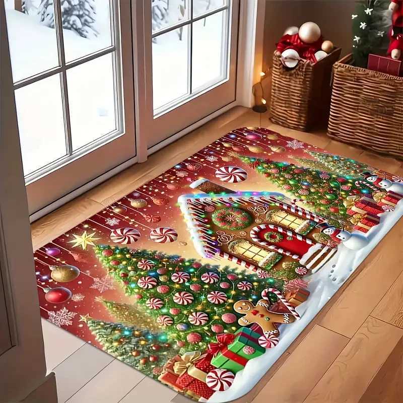 VIKAMA 1PC Christmas Doormat Featured Gingerbread House and Tree Design for Living Room Bedroom Kitchen Holiday DecorM251117