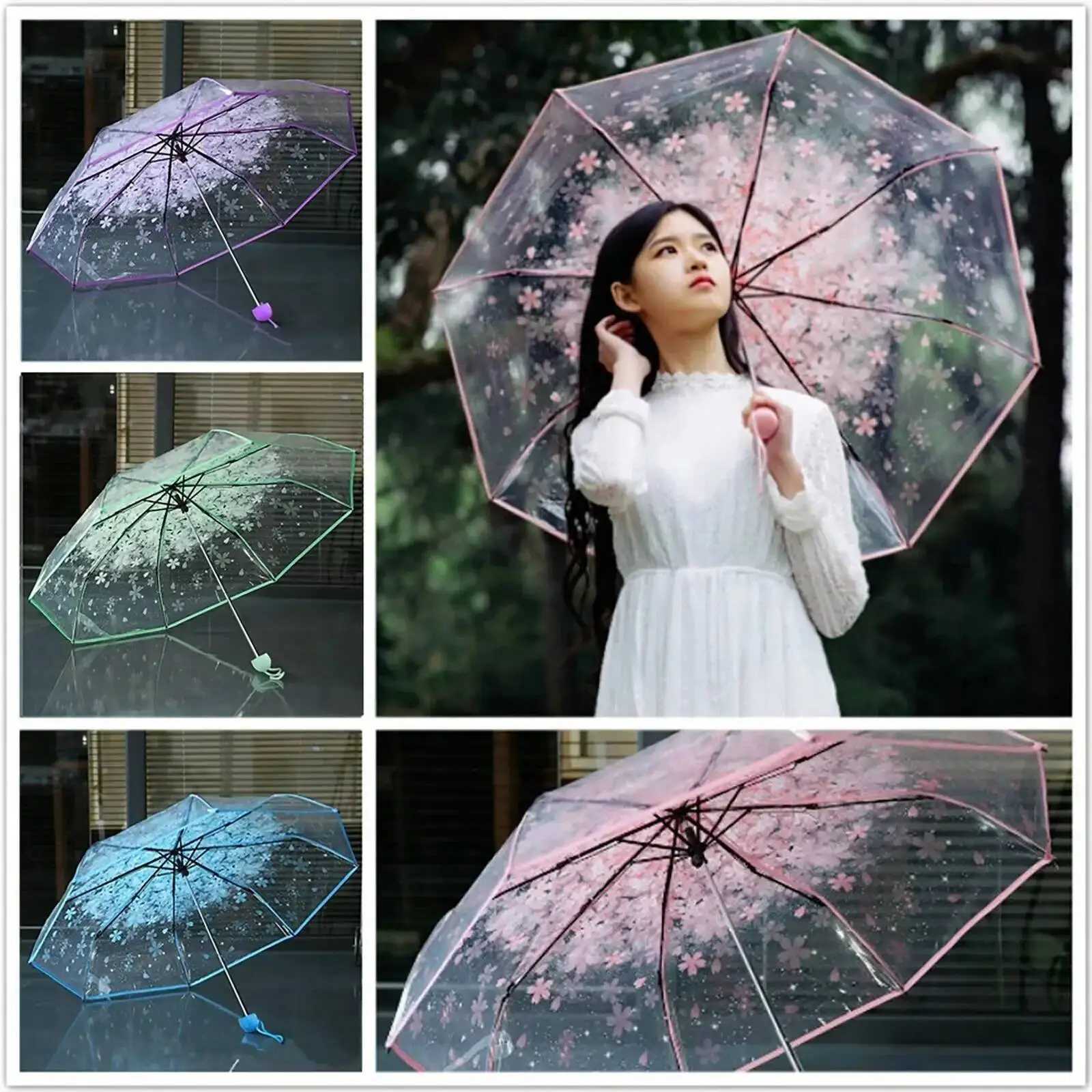 1PCS Portable Cute Flower Household Gear Cherry Blossom Transparent Wind And Rain Protection 3 Fold PVC Umbrella C251117