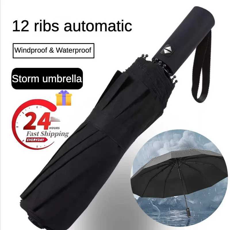 12 Ribs Strom Reinforced Automatic Large Folding Umbrella Waterproof Windproof Strong Sunny and Rainy Big Umbrellas for Men C251117
