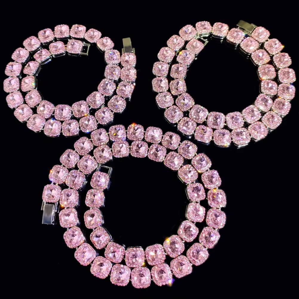 AAA GEMS Bling Pink Square Crystal Link Chain Necklace Hip Hop Gold Silver Color 13mm Luxury Cuban Choker Necklace Jewelry