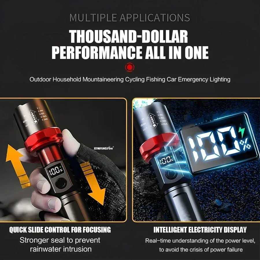 Heinast Powerful LED Flashlight With Display Rechargeable Telescopic Zoom Torch Emergency Lantern For Outdoor Camping Fishing M251117