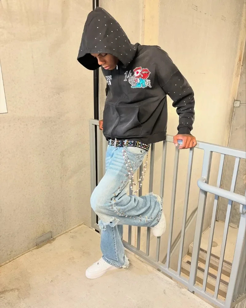 Y2k American Clothing Goth Hip Hop Rock Cartoon Letter Print Hoodie Men Goth Retro Casual Oversized Zipper Sweatshirt Women 250415