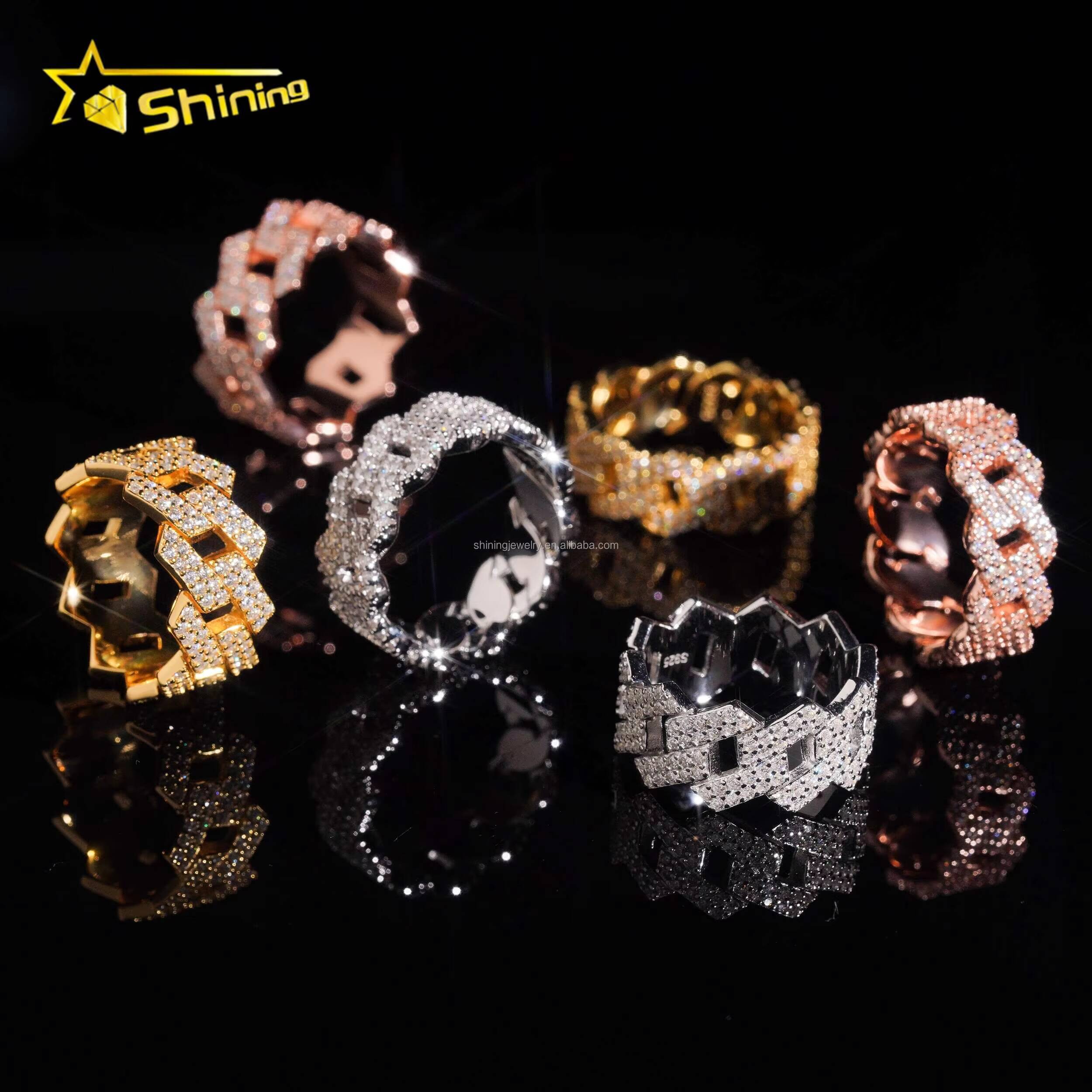 Bulk Stock Drop Shipping Fire Shining Jewelry Iced Out Man Jewelry Hip Hop 925 Silver Jewelry Moissanite Diamond Cuban Band Ring