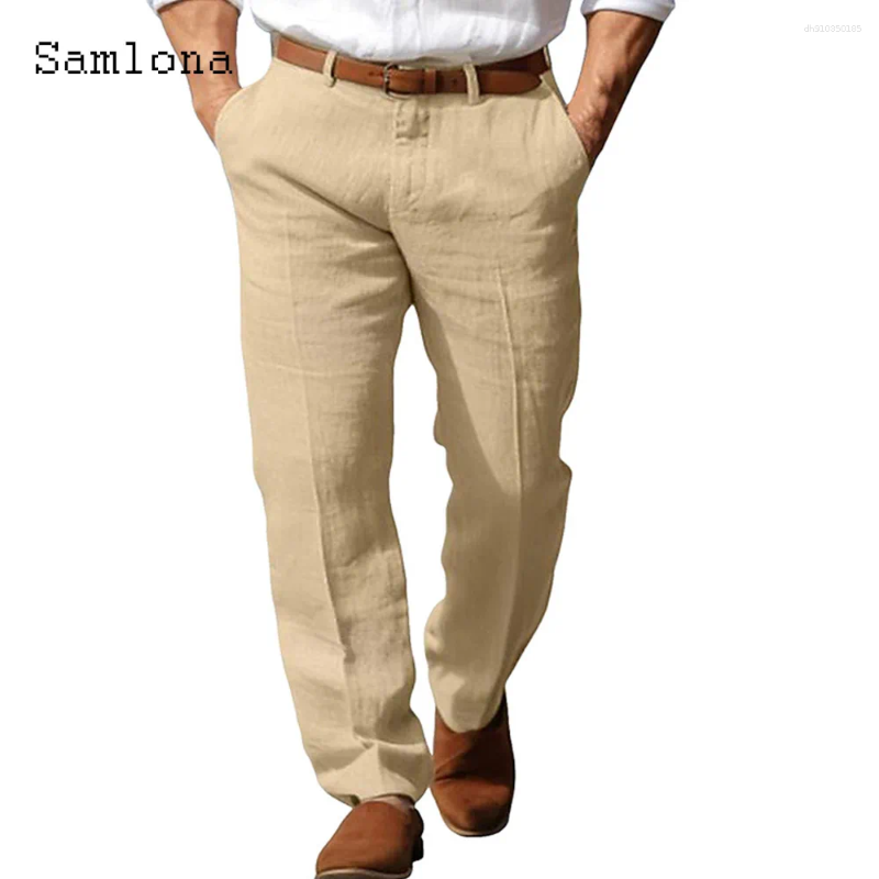 Men's Pants 2025 Men Elegant Stand Pockets Cotton Linen Solid White Black Ankle-Length Trouser Plus Size Mens Casual Straight