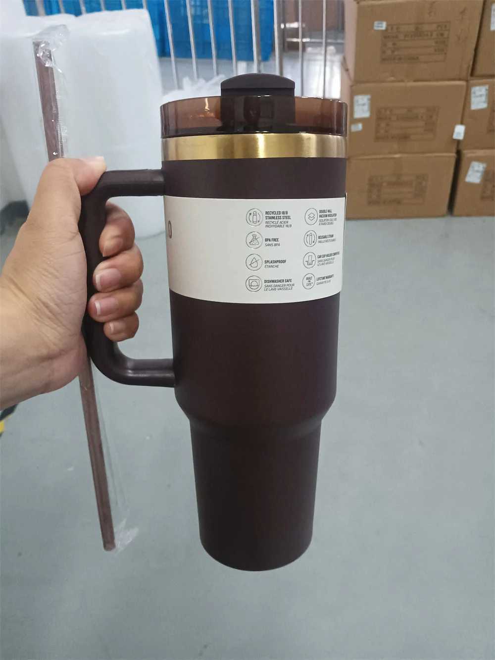 The new Real Picture 40 ounce chocolate brown color with a gold bottom drum for laser engraved insulated travel cups in 2025 keeping you cool S25417