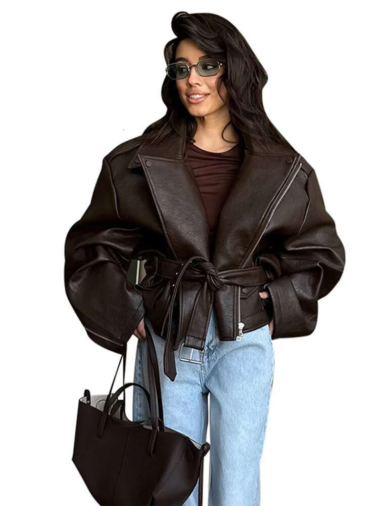 PU Leather Jacket For Women Zipper Turn-down Collar Loose Fashion Coat Brown 2025 Spring Street Motorcycle Overcoat Top