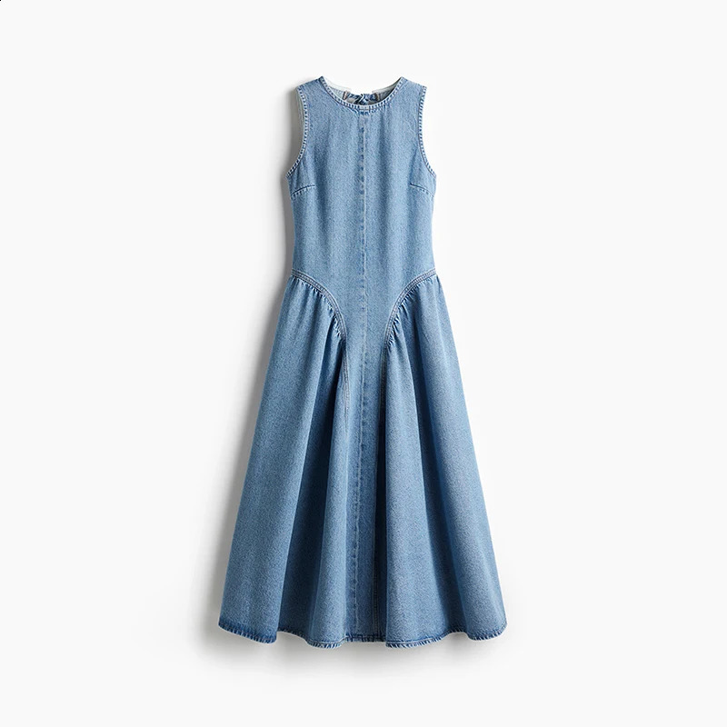 Casual Round Neck Lace Up Backless Denim Dress Sleeveless High Waist Loose Zipper Robe Summer High Street Sexy Solid Clothing250425