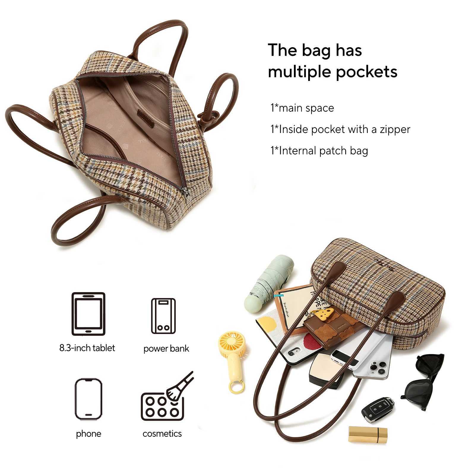 TOUTOU Plaid Woolen Boston Bag for Autumn Women Original Designer Underarm Shoulder Bag Large Bowling Handle Bag Christmas GiftW251115