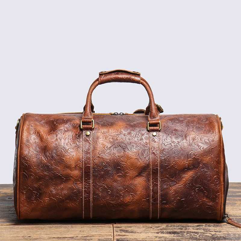 LEATHFOCUS Retro Embossed Handbag Mens and Womens Leather Travel Bag Large Capacity Business Luggage Bag Weekend Fitness BagW250417